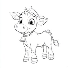 Fototapeta premium Line art of a calf standing with a bell, on white background for coloring