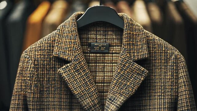 Men's Brown Houndstooth Wool Blazer Jacket on Black Hanger