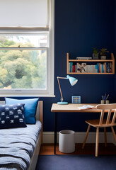 Fototapeta premium Modern cozy minimalist children's room featuring a cozy bed and comfort study Area