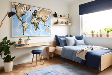 Modern cozy minimalist children's room featuring a cozy bed and comfort study Area