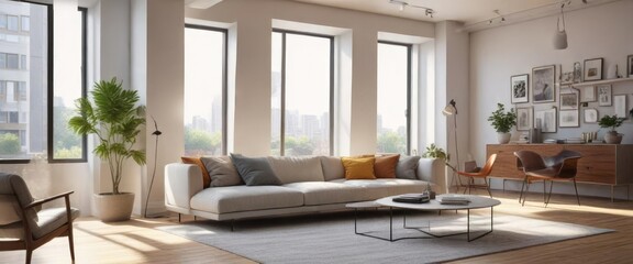 Fototapeta premium Architect working from a comfortable position on a couch in a bright and airy room , modern furniture, productivity space, reading light