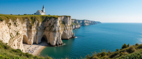 "A scenic view of Étretat’s cliffs with a winding walking trail leading to the edge, surrounded by lush grass and summer wildflowers. The towering chalk cliffs meet the deep blue
