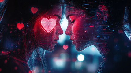 Virtual couple sharing heart emojis in a futuristic digital world