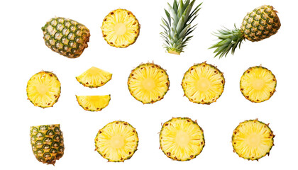 pineapple mockup with whole, sliced, and halved pieces, multiple angles, transparent background
