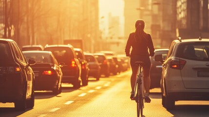 Businesswoman riding her bicycle on a city street during rush hour at sunset, moving between slow cars and enjoying the fresh air while going to work