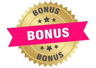 bonus. bonus round pink and gold label isolated on transparent background