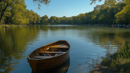 Fototapeta premium Wooden rowboat floating peacefully on calm lake surrounded by autumn trees, reflecting golden sunlight. Perfect for outdoor recreation and nature lifestyle concepts