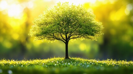 Lush Green Tree with Soft Bokeh Background and Bright Sky Effects