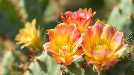 Fototapeta premium Close-Up of Blooming Prickly Pear Cactus with Yellow and Pink Flowers