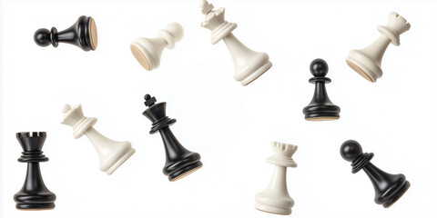 Falling white and black chess pieces create a dynamic display of strategy and competition in motion