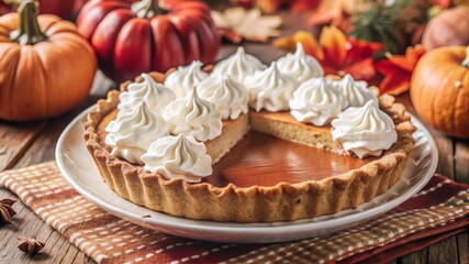 Baking delight pumpkin pie with whipped cream cozy kitchen dessert photography autumn atmosphere top-down view wholesome flavor
