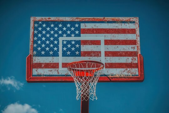 basketball hoop framed by a vibrant american flag symbolizing national pride and the spirit of sports set against a bright blue sky