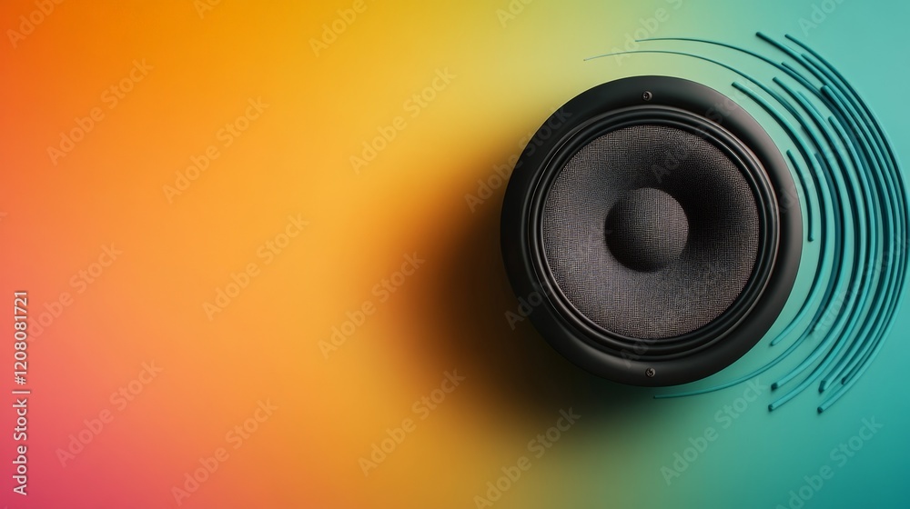 Poster black audio speaker emits sound waves, creating a visual representation of music and audio technolog