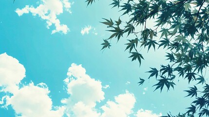 Serene Japanese Landscape with Lush Leaves and Bright Blue Sky