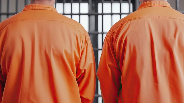 Two individuals in orange uniforms stand in front of prison bars, symbolizing incarceration and justice system challenges.