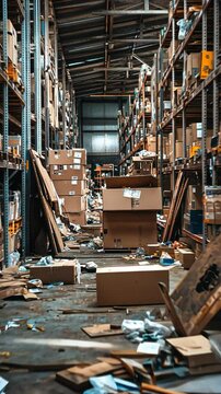 Cluttered warehouse filled with discarded boxes and packages in disarray during the afternoon hours