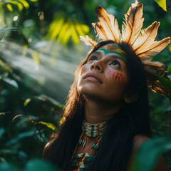 Amazonian woman in tribal attire standing in dense rainforest, Generative AI