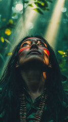 Amazonian woman in tribal attire standing in dense rainforest, Generative AI