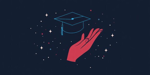 Graduation cap above a hand, symbolizing achievement and opportunity.