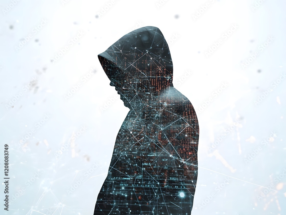 Poster abstract representation of a hooded figure with digital data overlay, symbolizing cybersecurity, ano
