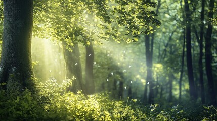 Obraz premium Enchanting Spring Forest with Misty Light and Soft Green Leaves