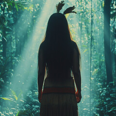 Amazonian woman in tribal attire standing in dense rainforest, Generative AI