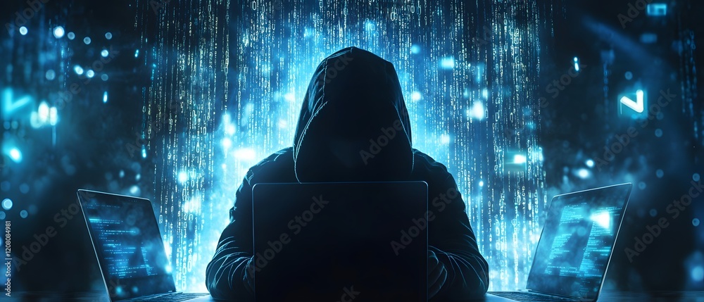 Poster mysterious figure in hooded sweatshirt engaged in cyber activities amidst glowing digital data strea