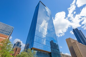 Obraz premium A modern glass skyscraper reflecting the bright blue sky and clouds