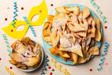 Top view of Angel wings or bugnes, bugie, or chvorost; faworki. Traditional  Europian carnival...