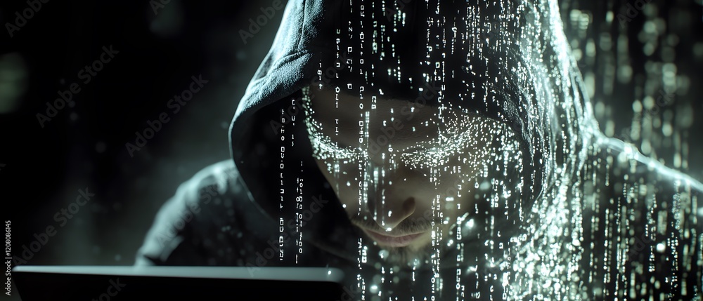 Poster Mysterious Figure in Hoodie Surrounded by Cascading Code, Representing Cybersecurity Threats, Digital Interference, and Data Breaches in a Dark Environment