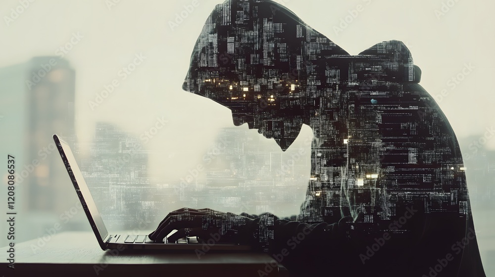 Poster mysterious hooded figure engaged in cyber activity with digital matrix overlays in modern urban sett