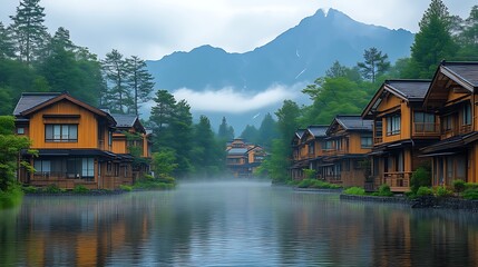 Fototapeta premium Serene Mountain Village Houses Reflecting in Calm Water