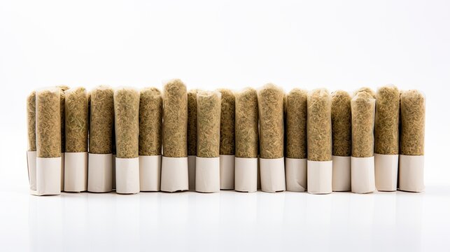 Cannabis Preroll on White Background with Perspective Shadow. A Horizontal Joint of Natural Medicative Ganja