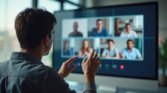 a person participating in a virtual meeting with multiple attendees displayed on a large monitor. The person is gesturing towards the screen, engaging with the other participants. - Powered by Adobe