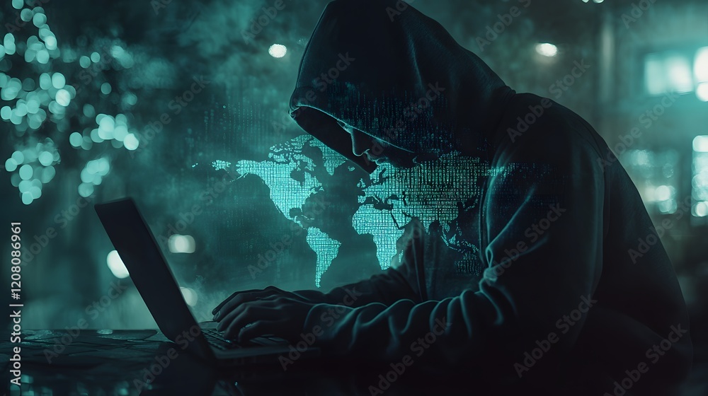 Poster Mysterious Hooded Figure Using Laptop in Dark Environment with Digital World Map Overlay and Cybersecurity Theme in Futuristic Setting