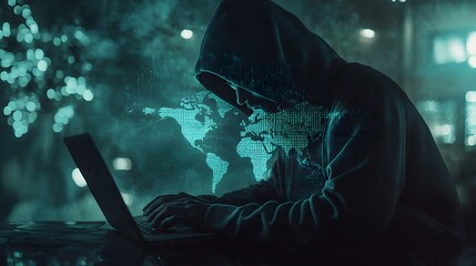 Mysterious Hooded Figure Using Laptop in Dark Environment with Digital World Map Overlay and Cybersecurity Theme in Futuristic Setting