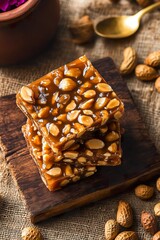 Fototapeta premium Golden Peanut Chikki with Glossy Caramel Coating and Rustic Styling on a Wooden Board