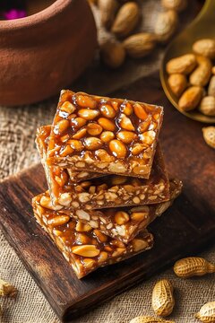 Golden Peanut Chikki with Glossy Caramel Coating and Rustic Styling on a Wooden Board