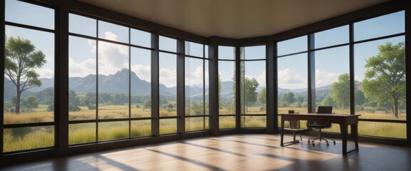 Obraz premium Churchoffice with a large glass window showcasing a beautiful landscape outside, natural scenery, calm atmosphere, office space