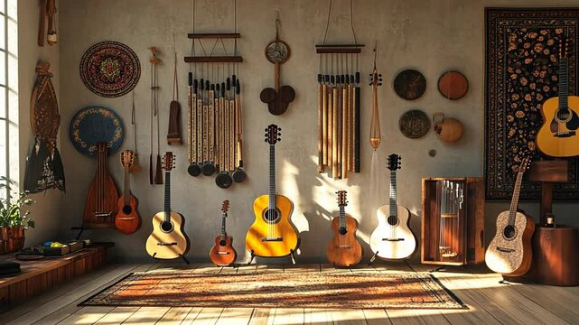 Sunlit Music Room with Various Instruments and Decor