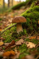 Mushroom in forest, earthy and natural, surrounded by moss and fallen leaves, autumn scenery, copy space