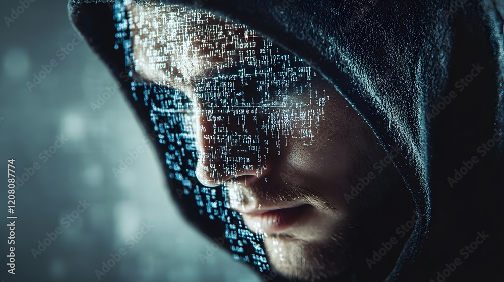Poster mysterious hooded figure with glowing digital code projected on face, representing themes of technol