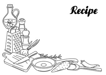 Background with kitchen utensils. Cooking tools for home and recipe items.