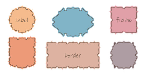 Frame decor, cute colourful border Set. Doodle cartoon style design, wave line contour stroke, pastel tone colour. Circle wreath, square, rectangle geometric shape. Empty text space. Vector