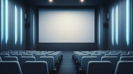 Obraz premium Empty modern cinema hall with row of seats and large screen for movie experience