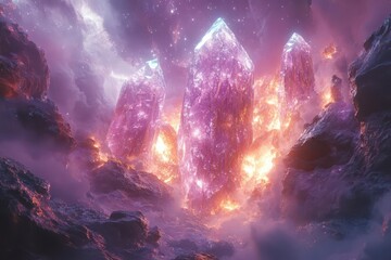 Obraz premium biomechanical entity with crystalline structures iridescent metallic surfaces merging with organic forms ethereal lighting hyperdetailed alien architecture in deep space