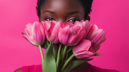 Naklejka premium Portrait of the woman with tulips. Women's day concept. 