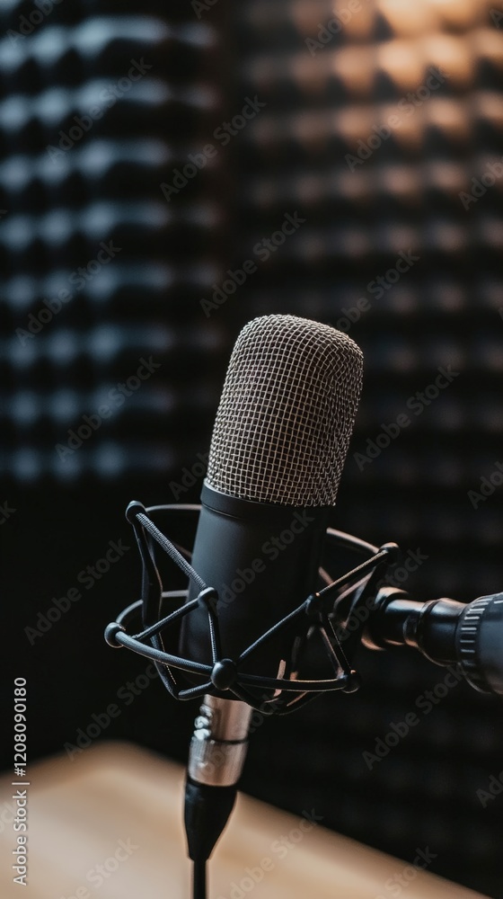 Poster professional condenser microphone capturing sound in a recording studio, ideal for music production,