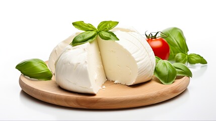 Closeup of Traditional Italian Buffalo Mozzarella Cheese. Mouth-watering Slice with Milk Dripping on White Background