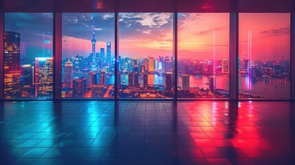 City skyline with vibrant lights, capturing the dynamic energy and lively atmosphere of the city. Perfect for illustrating urban nightlife and modernity.